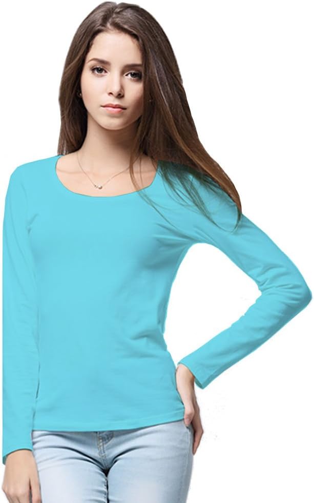 EDGEMETER Sky Blue Round Neck Long Sleeve Solid Plane t-Shirt