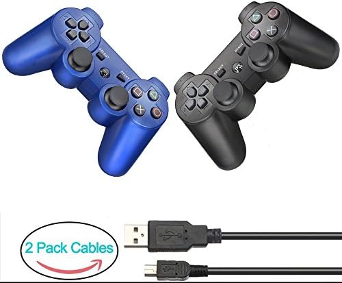 YOUCable PS3 Controller with 2 Packs Charger Cable Wireless Playstation 3 Remote Dualshock Bluetooth Gamepad (Blue+Black)