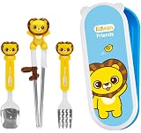 Lion Stainless Steel Chopsticks, Spoon, Fork and Case 4 Set, Chopsticks Training, Beginner, Brain Training, Right Handed (Lion, Hion), Made in Korea.