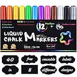 Pictek Liquid Chalk Markers Erasable, 12 Pack [EN71 Approved] Fine/Chisel Tip Markers for Kids/Adults, Chalk Pens for Chalkboard & Glass with 40 Labels