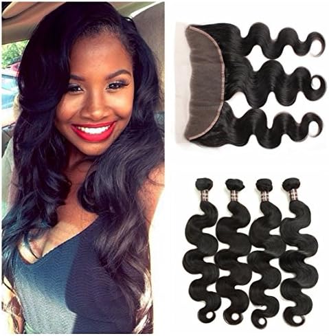 Ali Funmi 8A Body Wave Bundles with Frontal (16 18 20+16) Unprocessed Virgin Brazilian Human Hair Bundles with 13x4 Ear to Ear Free Part Lace Frontal Closure Natural Color