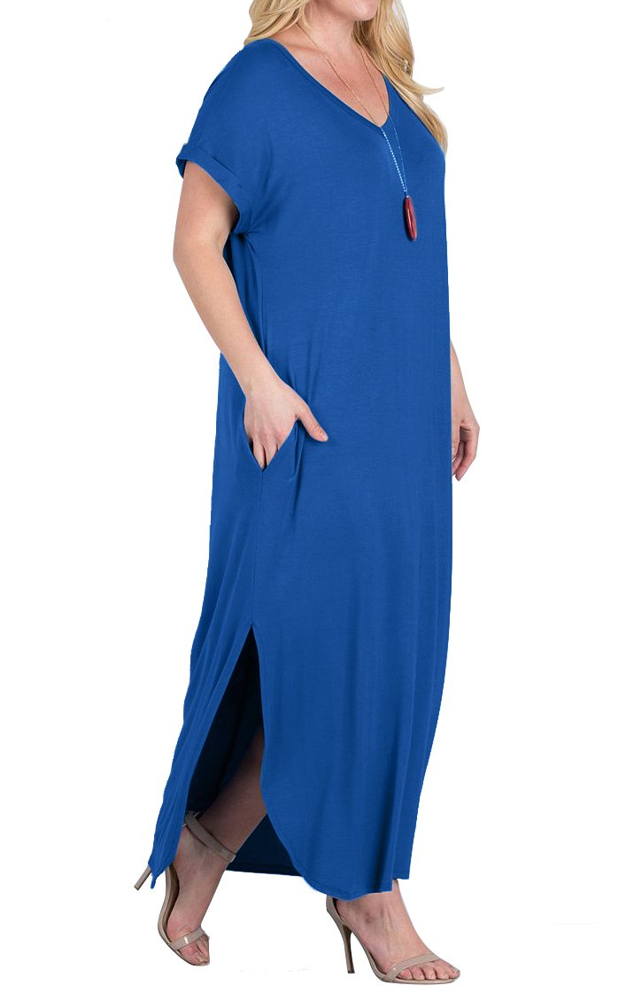 Womens Plus Size Dresses Short Sleeve Loose Plain Pockets Long Maxi T-Shirt Dress Blue XL