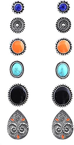 6 Pairs Stud Earrings Boho Assorted Multiple Boho Turquoise Set for Women (Style-3)