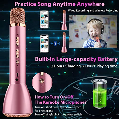 Karaoke Microphone for Kids, Kids Microphone Bluetooth With Speaker Wireless Echo Child Karaoke Mic Portable Cordless Singing Machine for Music Boys Girls Adult Party Gift Andriod IOS Phones (Pink)