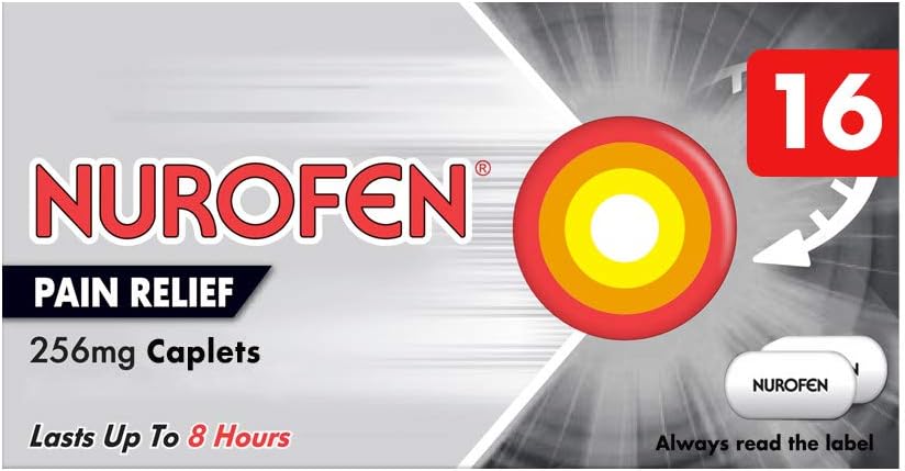 Nurofen Ibuprofen Caplets 256mg, 16 Pack, Joint, Back, Knee Pain Relief, Long-Lasting Painkillers for Cold & Flu