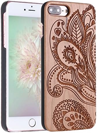 Wood iPhone 8 Plus Case, iPhone 7 Plus Cover, Real Natural Wood Carving Wooden Pattern Protection for Apple iPhone 7 Plus / 8 Plus Case (Cherry Wood - Paisley Floral)