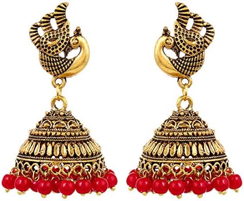 Saissa Oxidized Metal Red Beads Golden Stylish Latest Jhumka Earrings for Girls and Women
