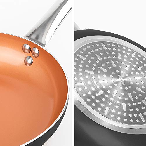 SHINEURI 9.5 inch Copper Fry Pan with Lid, Nonstick Ceramic Skillet for Stir fry, Saute Pan with Stainless Steel Steamer handle for Induction, Gas, Electric & Stovetops, Perfect for 2-3 Person Meal