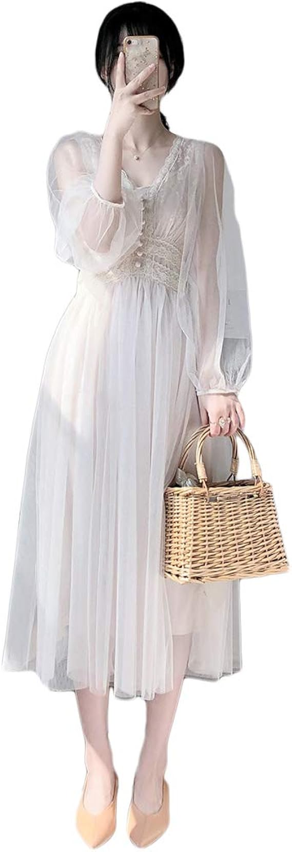 Amazon Lucky Lemon パーティードレス ワンピース レディース マキシワンピース ロングドレス レース 袖チュール Vネックaライン 妖精 謝恩会 発表会 演奏会 春夏秋 イブニングドレス 通販