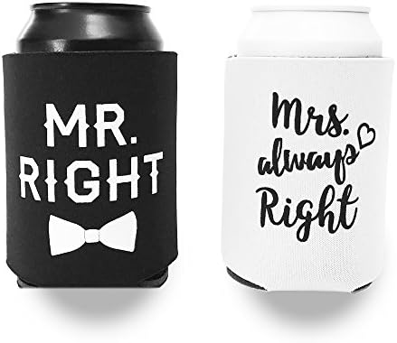 Mr. Right and Mrs. Always Right Can Cooler Set - Gift for Engagement, Wedding or Anniversary - Classic Black and White