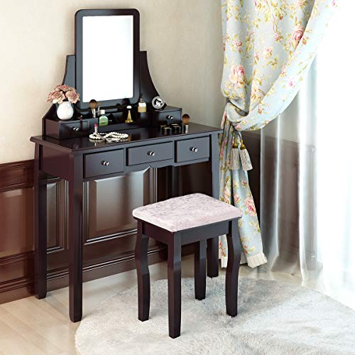Amooly Vanity Set with Mirror,5 Sliding Drawers, Removable Makeup Organizer,Cushioned Stool Dressing Table Vanity Makeup Table - Thumbnail 6