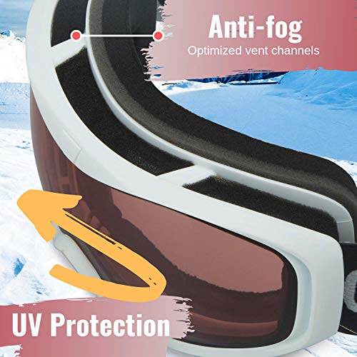 devembr OTG Ski Goggles Clear, Snowboard Goggles Anti-Fog,100% UV Protection, Anti-Slip Strap,Helmet Compatible Snow Goggles for Men & Women,Skiing Snowmobile Skating, White Frame, Pink Lens(VLT 51%) - Thumbnail 3