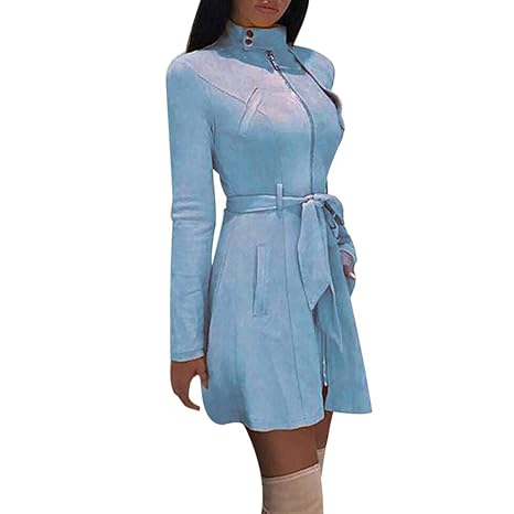 Berimaterry Damen Windjacke Lang Dress MantelElegant Mode Frauen Solide Rollkragenpullover Reißverschluss Bogen Verband Lange