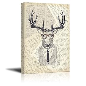 Creative Animal Figure on Vintage Paper Canvas Wall Art - Mr Elk in a Shirt Vest - Giclee Print Gallery Wrap Modern Home Art Ready to Hang - 12x18 inches