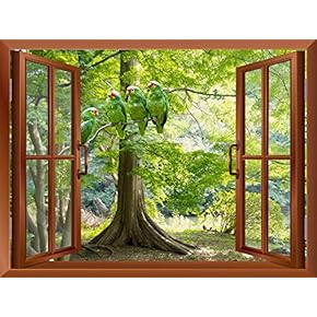 Green Parrots Sitting on The Branch Outside an Open Window | Removable Wall Sticker/Wall Mural - 24"x32"