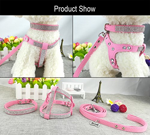 Newtensina Dog Collar & Harness & Lead Sets Fashion Dog Collar Diamante with Harness & Leashes Comfortable Soft Suede Collar Harness and Leashes Set for Dog - Pink - M - Thumbnail 4