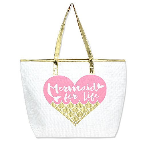 Metallic trim large zipper top summer themed beach bag …