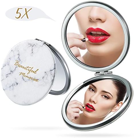 Magnified Makeup Mirror Double Sided - Compact and Folding Mirror with 5x Magnified Side/1x Side Normal view, Pocket Size for Travel（White)