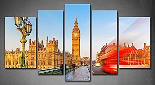 Flora Woods Painting 5 Panels Big Ben And Red Double Decker In London Uk People Bridge Street Lamp Painting Picture Print On Canvas Architecture Pictures
