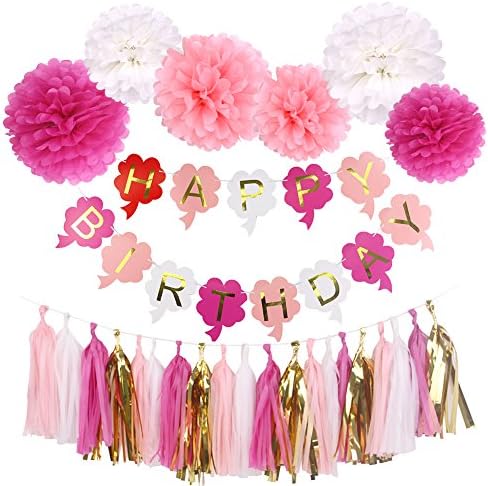 Simla Decor Clover Style Happy Birthday Bunting Banner With 20pcs Tissue Paper Tassels And 6pcs Paper Flower Pompoms For Party Decoration Set