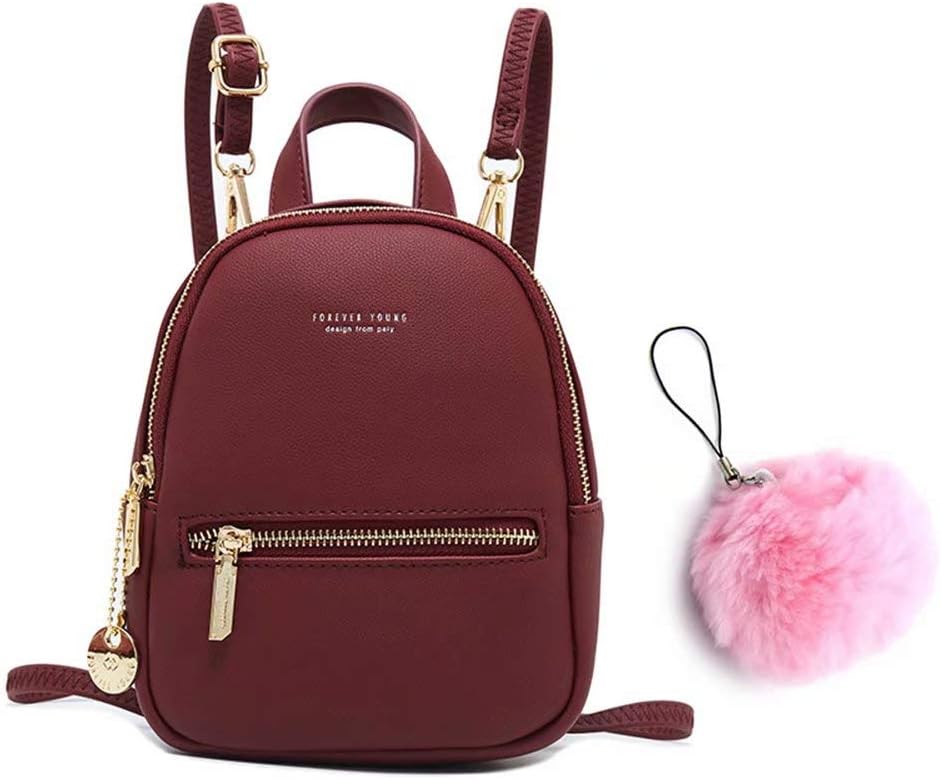 Flywill Ladies Mini Backpack Large Capacity Rucksack PU Leather Lightweight Daypack with Adjustable Shoulder Straps Casual Bags Fashion School Travel Bag for Women Girls + Faux Furry Pendant, Wine Red