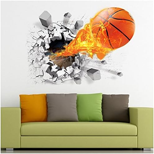 3D Basketball Wall Sticker Self-adhesive Removable Break Through the Wall Decal Living Room Bedroom Decor for Men Teenager Boy Kid Children Room Nursery Wall Art Murals Wallpaper Poster White (BAI)