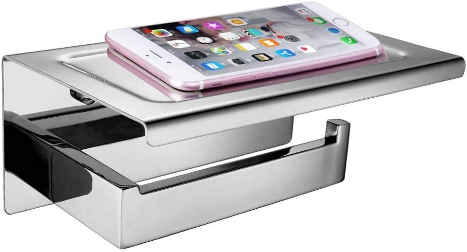 Homovater Stainless Steel 3M Self Adhesive/Drilling Toilet Roll Holder Chrome Wall Mounted Bathroom Kitchen Tissue Holder Anti-Rust with Mobile Phone Storage Shelf, Pattern 1