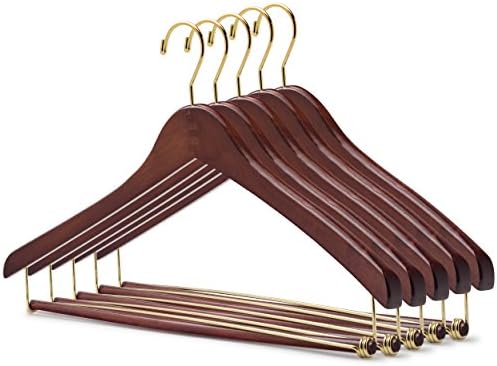 Mahogany Wooden Suit/Coat Hanger With Locking Bar | CHROME/BRASS HOOK | Premium Wood With Elegant Finish | Elegant Look For A Real Upscale Closet (SET OF 5) (Brass Hook)