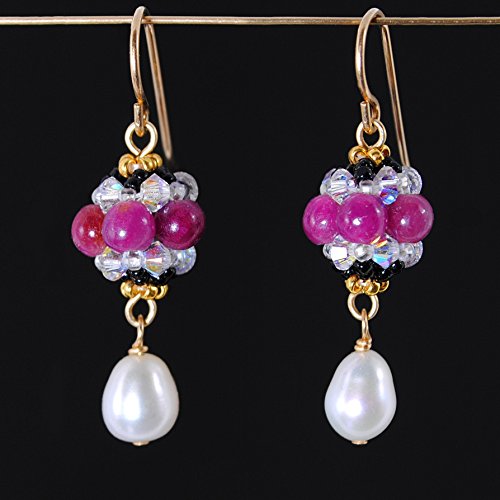 Natural Ruby Earrings with Cultured Freshwater Pearl Drops, Artisan Handcrafted in 14K Gold Filled