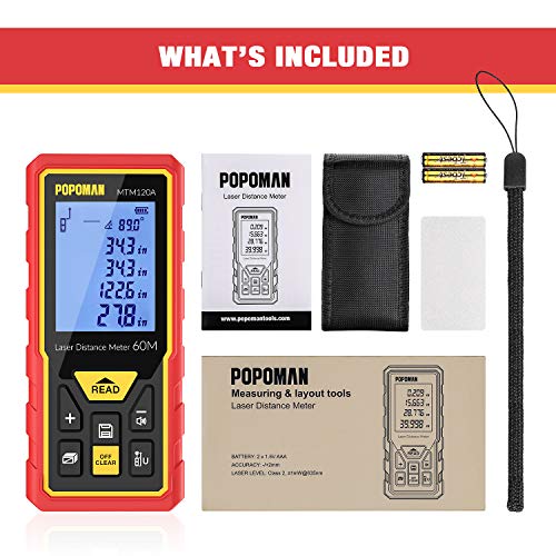 Advanced Laser Measure 196Ft POPOMAN, M/In/Ft Mute Laser Distance Meter with Electronic Angle Sensor and Backlit LCD, Measure Distance, Area and Volume - Carry Pouch and Battery Included - MTM120A