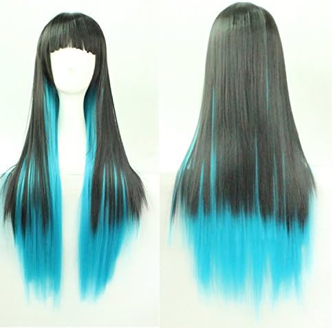 Womens Ladies Girls 70cm Lolita Straight Hair Black Mixed with Blue Gradient Color Long Straight Hair Carve Cosplay Costume Anime Party Bangs Full Sexy Wigs