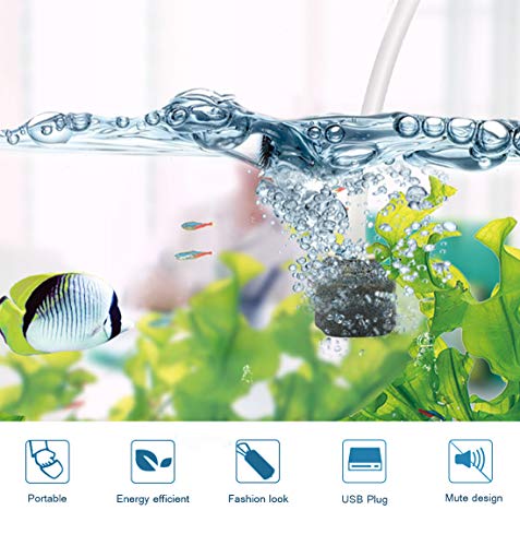 Useekoo Aquarium Air Pump, Ultra Quite Portable Mini Oxygen Pump 5V USB Cable for Aquarium Fish Tank Fishing with Air Stone and Silicone Tube- Dark Blue