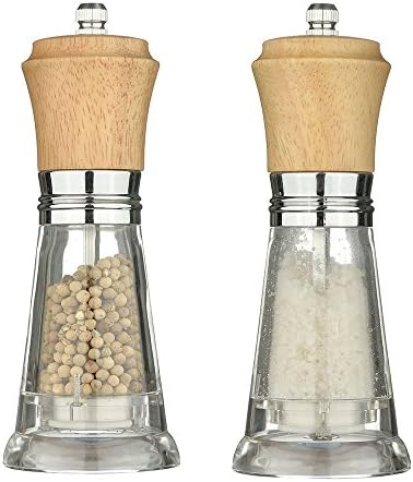 Favorlife Set of 2 Salt and Pepper Grinder Set with Oak and Acrylic Body, Adjustable Ceramic Rotor