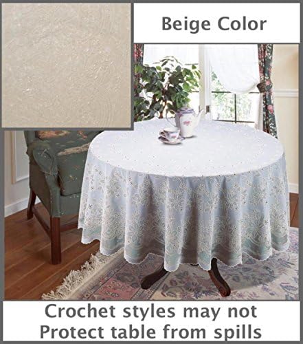 Just released. The Next Generation PVC CROCHET Beige Vinyl Tablecloth 60" (inches) Round,. Elegant, easy-to-care for, light gauge vinyl. Machine washable. Dryer safe when you follow instructions included - removes most wrinkles