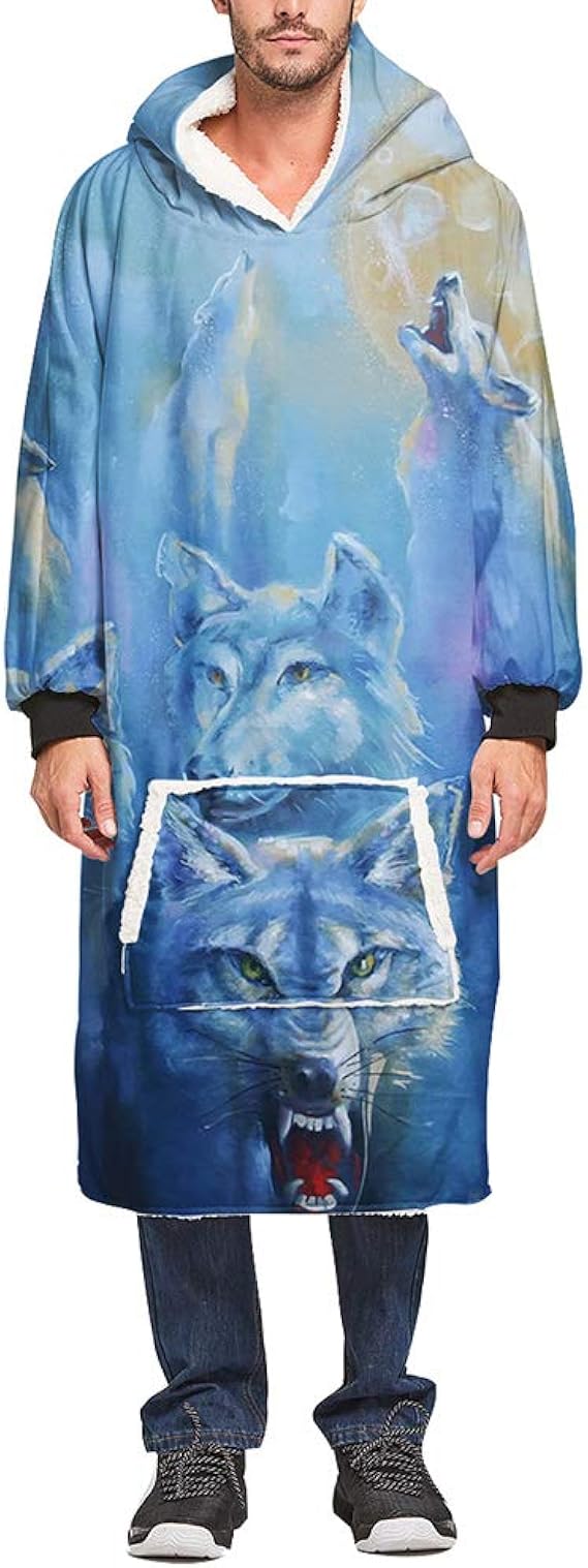 Enhome Oversized Hoodie Sweatshirt Blanket, 3D Wolf Animal Print Hoodie