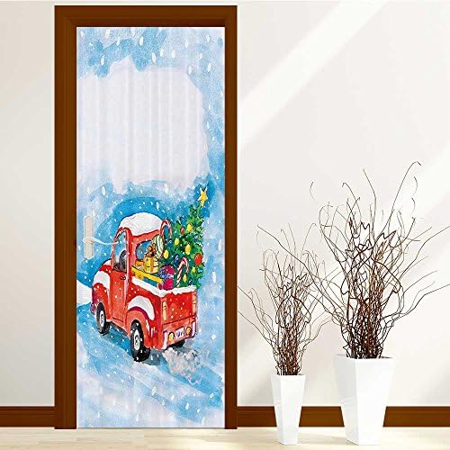 lihousehold 3D Door Sticker Home Decoration Door Wall Paper Mural PVC Waterproof Self-adhesive Peel and Stick Door for Bedroom 30x39 inch(Vintage Red American Truck with Large Xmas Tree and Gi)