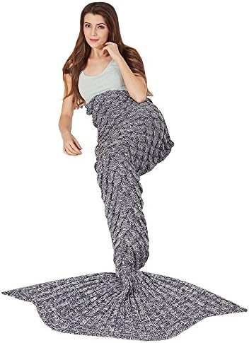 Y-stop Mermaid Tail Blanket with Scale Knit Crochet for adult Kids Girls, Super Warm Soft All Seasons Sleeping Blankets 6 Styles (Length-71", Mermaid Scale-Gray)