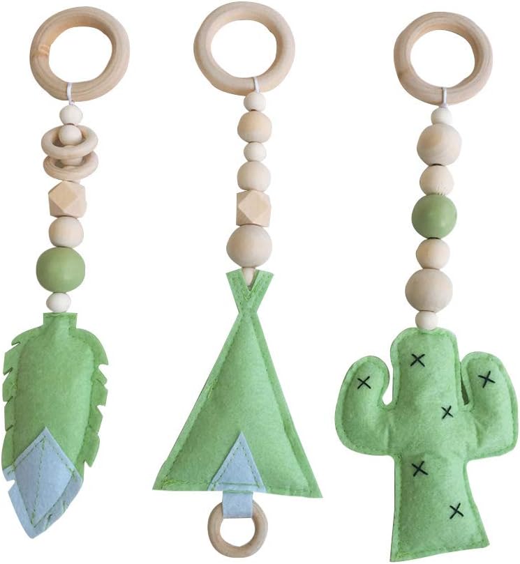 Junecat 3PCS/Set Baby Rattle Toys Nordic Style Wooden Rattle Ring Beads Play Gym Toy Stroller Hanging Toys Newborn Infant Gift