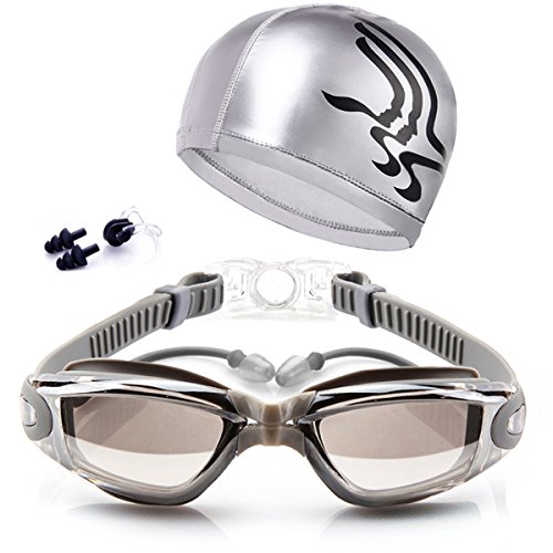 Mai Poetry Swimming Goggles + Swim Cap + Nose Clip + Ear Plugs,Swim Goggles Anti Fog UV Protection for Adult Men Women Youth Kids Child (Silver)