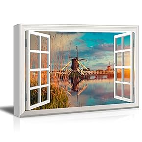 Window View Windmill with its Reflection on Calm Lake