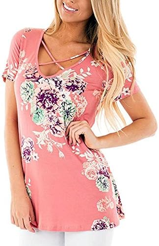 Frockstyle Women's Casual Floral Print Short Sleeve V Neck T-Shirt Blouses Tops (XL, pink)