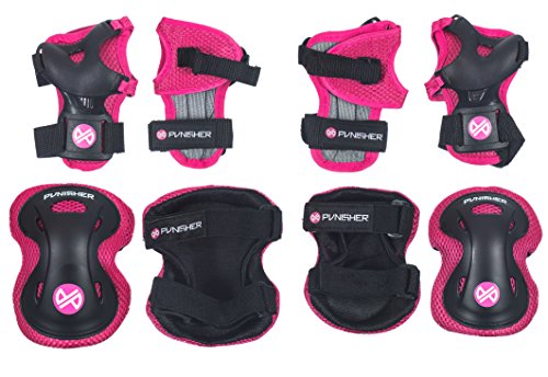 Punisher Skateboards Childrens Protective Pad set for Skateboarding, Elbow Knee and Wrist Pads, Size Small, Pink, Ages 5+
