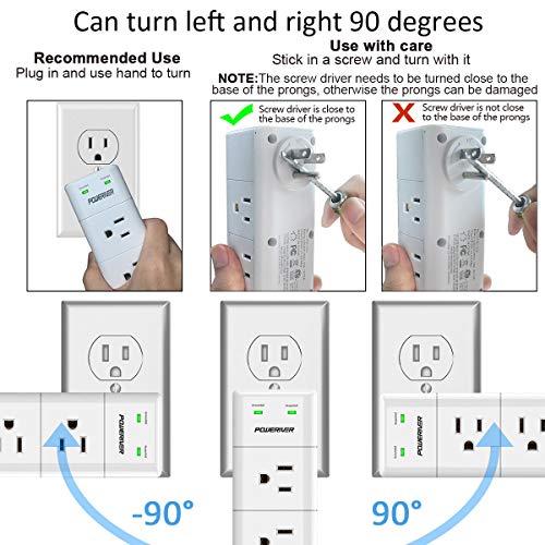 Surge Protector Wall Mount , Outlet Splitter with Rotating Plug, POWERIVER Power Strip with 6 Outlet Extender (3 Side… - Image 4