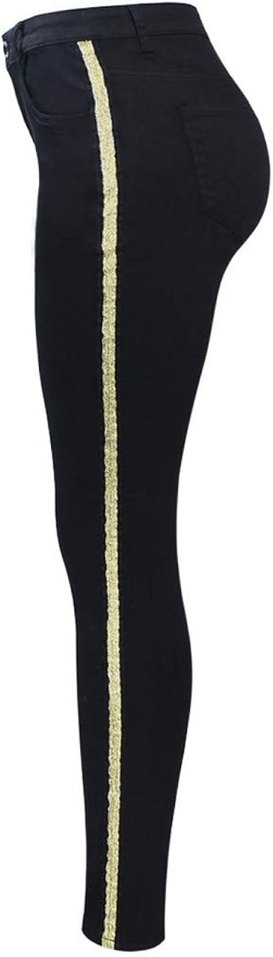 Schwarzer Jeans mit goldenen Seitenstreifen Frau Stretchy Denim dünner