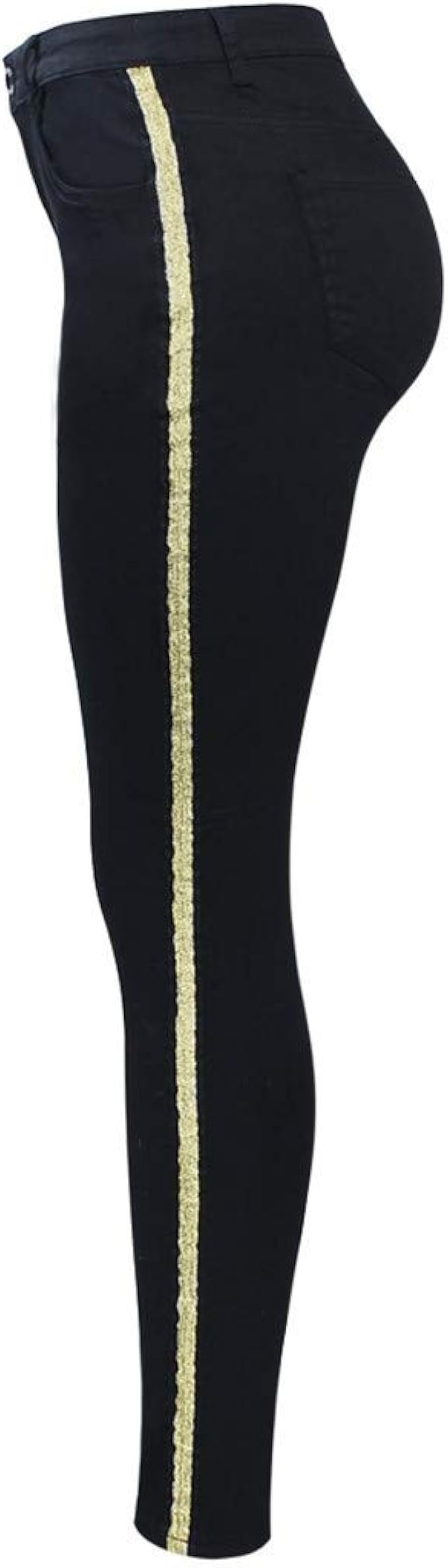 Schwarzer Jeans mit goldenen Seitenstreifen Frau Stretchy Denim dünner