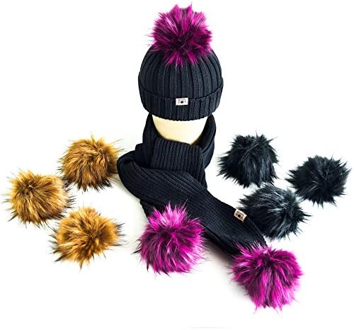 Luxury Merino Wool Hat and Scarf Set with 3 Classic Looks for All Occasions. 9 Fluffy Fur Ball Pom Poms and Super Soft and Comfortable Beanie and Scarf.