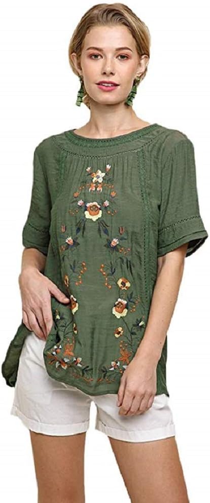 Umgee Women's Short Sleeve Embroidered Blouse
