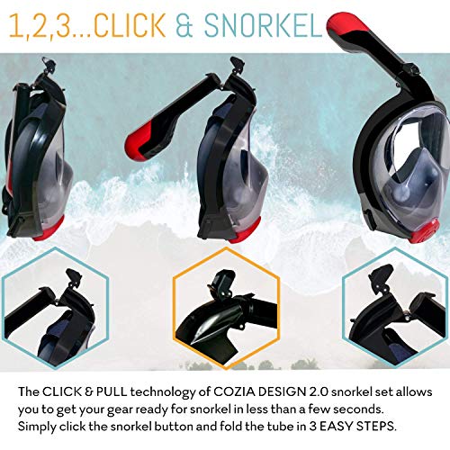 cozia design Snorkel Set with Foldable Snorkel MASK - Swim FINS Included - Premium Set Ocean View 180 Full Face Snorkel Mask with Go Pro Mount - Snorkel Mask Foldable Tube and Flippers