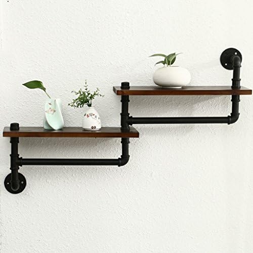 ZHEN GUO 2 Tier Retro Shelf Wall Decor Iron Industrial Rustic Wood & Malleable Iron Pipe Wall Mount Shelf W/Towel Bars, Heavy Duty Punk Style Matte Black Storage Organizer