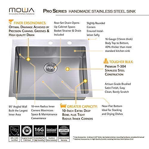 MOWA HTS2522 25" x 22" Topmount Laundry Utility Sink 16 Gauge Stainless Steel (9 Gauge Extra Thick Deck), Drop In Single Bowl Kitchen Sink w/Sink Grid, Basket Strainer and Bonus Soap Dispenser